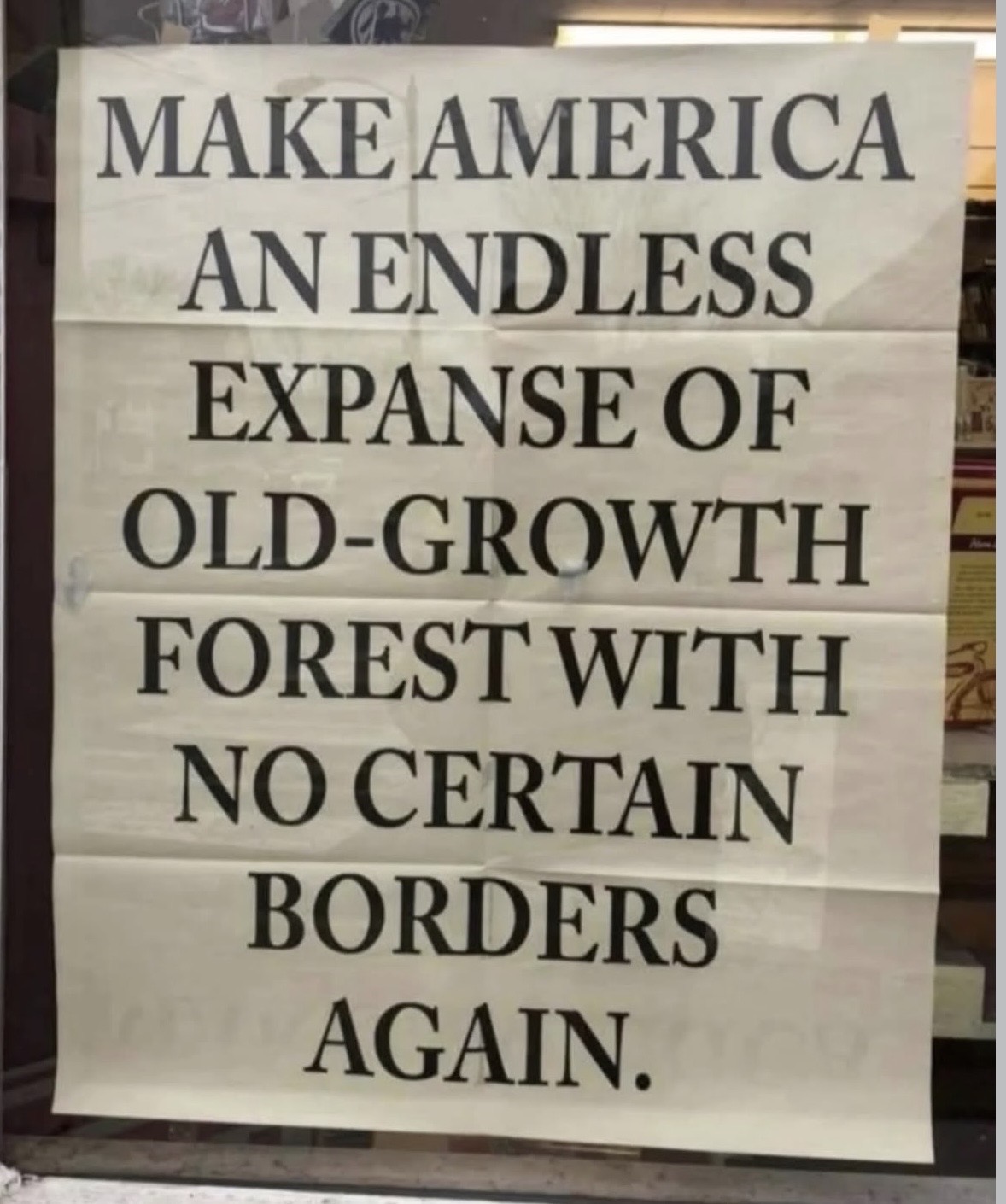A poster saying, ‘Make America an endless expanse of old-growth forest with no certain borders again.’